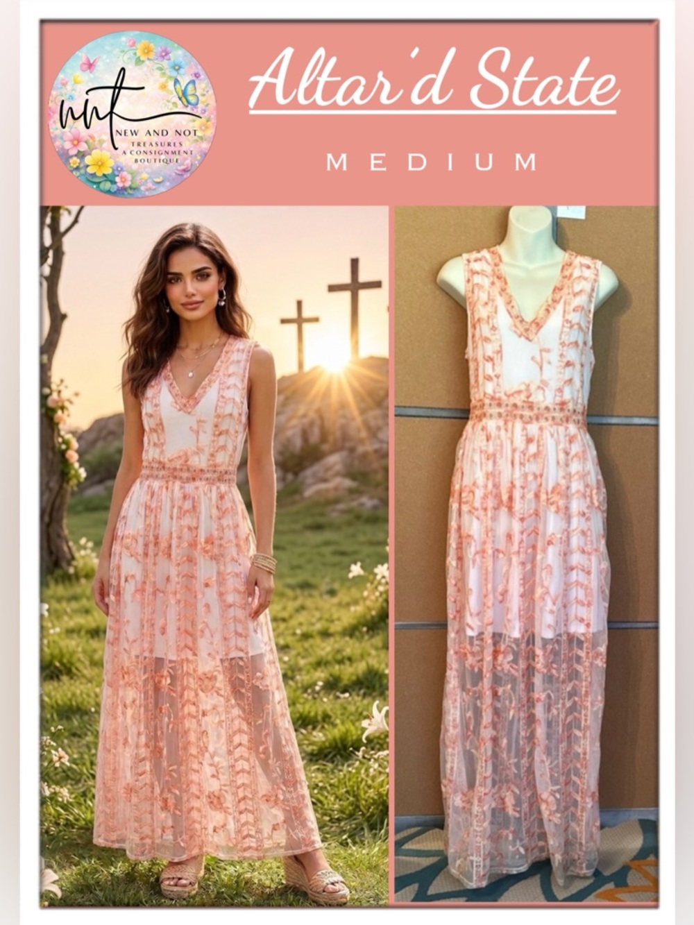 Altar'd State Blush Pink Floral Lace Maxi Dress
